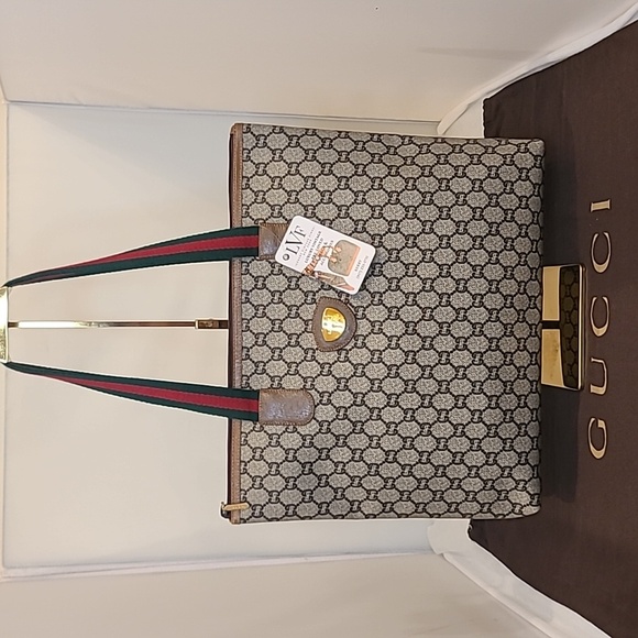 GUCCI PLUS VINTAGE 70'S ZIPPER TOP TOTE/COATED CANVAS/WEB SHERRY/EXCELLENT COND - Picture 5 of 17